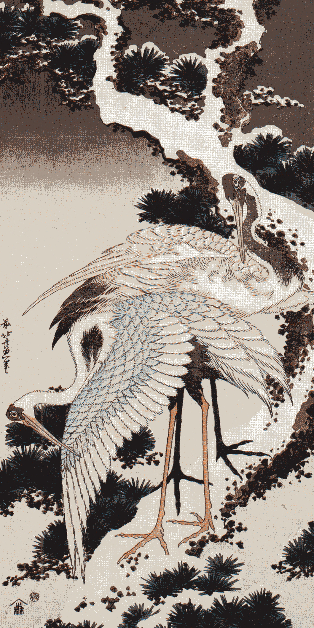 Hokusai: Gru sopra un pino innevato.