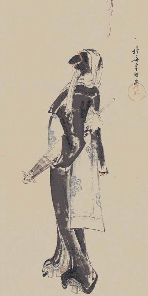 Hokusai: Ragazza con ombrello sotto il salice piangente al chiaro di luna.